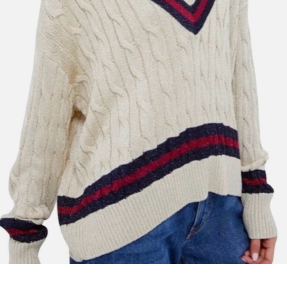 NWT TUCKERNUCK Garnet and Navy Stripe Gold Metallic Morrissey Sweater Size L - Picture 14 of 15